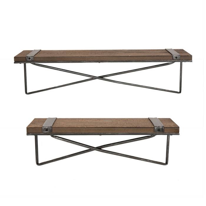 Glitzhome Farmhouse Rustic Metal Wooden Wall Shelf Set of Two - Large and Small