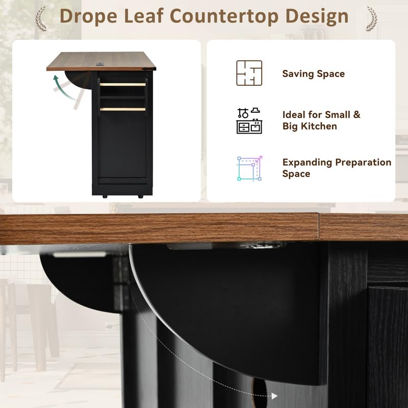53.7" Farmhouse Kitchen Island with Power Outlet, 2 Sliding Barn Door Kitchen Storage Island with Drop Leaf