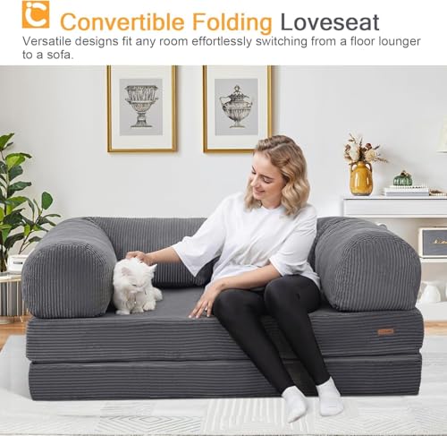 COMAX Folding Sofa Bed, Convertible Chair Bed Corduroy 3-in-1 Foldable Floor Couch with High-Density Foam, Futon Sofa Sleeper Mattress