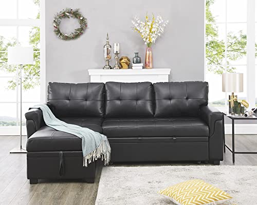 Naomi Home Jenny Sectional Sofa Sleeper with Storage Chaise, Tufted Pull Out Couch with Storage, L-Shaped Reversible Sleeper Sofa with Storage, Black