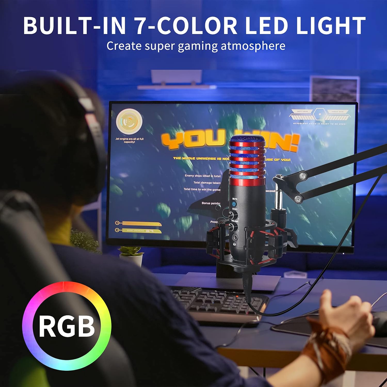 USB Gaming Condenser Microphone Plug and Play Cardioid Condenser Streaming Podcast Mic Kit for PC PS4 Studio Streaming Red with Flexible Boom Arm
