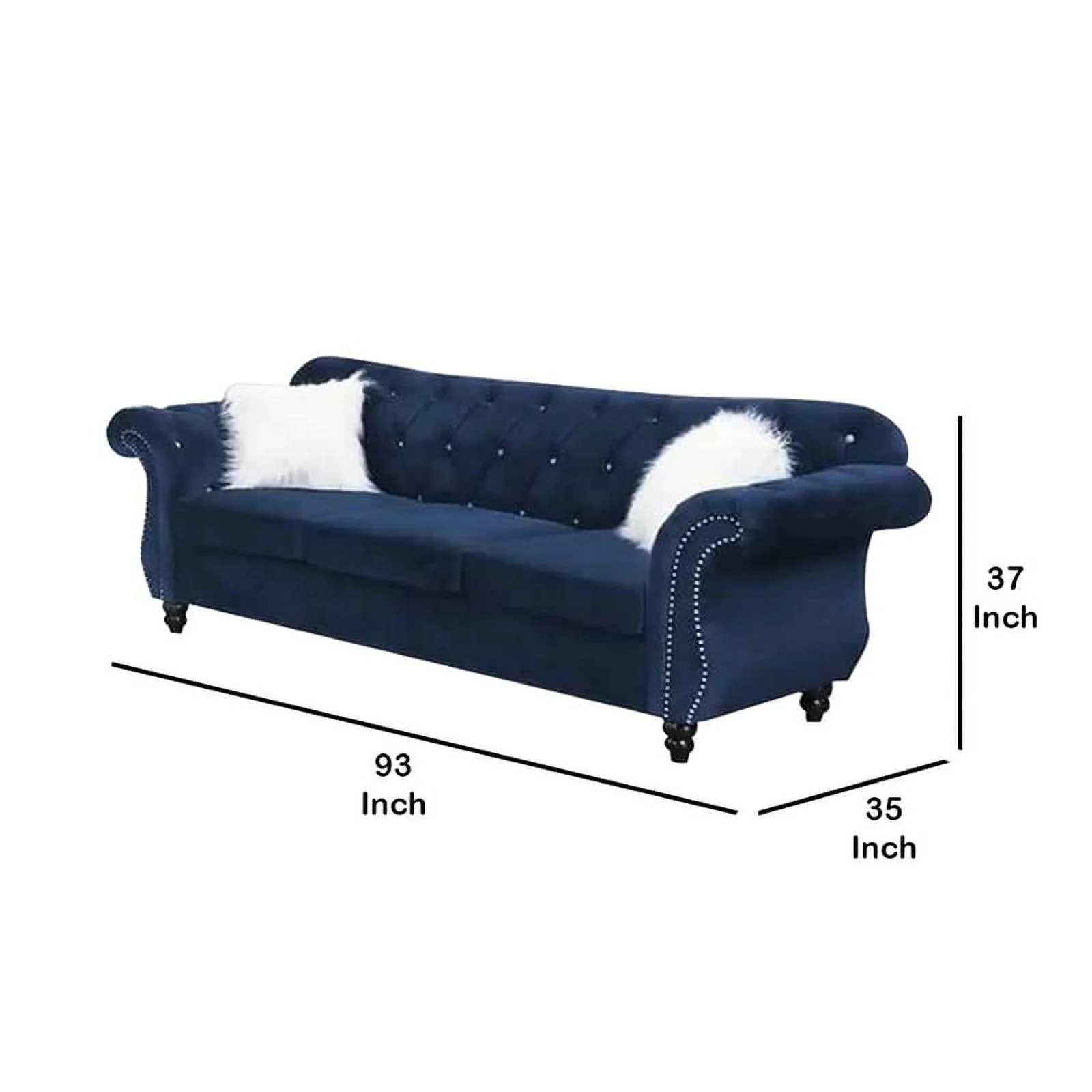 93 Inches Nailhead Trim Velvet Sofa with Crystal Tufting, Blue