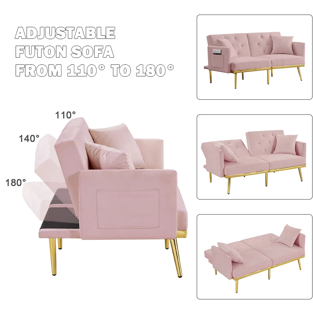 Pink Velvet Futon Couch, Folding Sleeper Sofa, Sofa Couch Bed with 2 Pillows, Modern Upholstered Loveseat Sofa with Gold Metal Legs