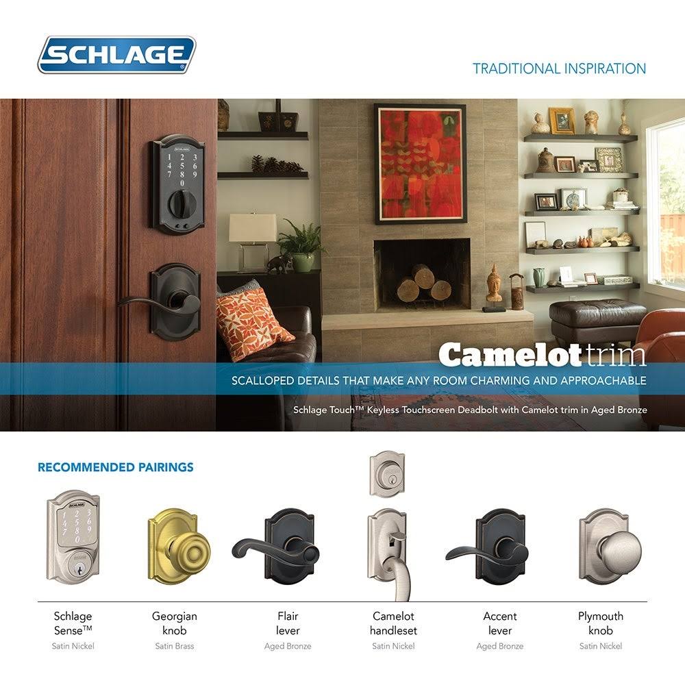 Schlage FE595 CAM/ACC Camelot Keypad Flex-Lock Entry Leverset with Accent Lever Satin Chrome