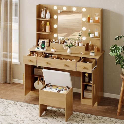 Vanity Desk with Mirror and Lights, Makeup Vanity with Charging Station & Vanity Stool