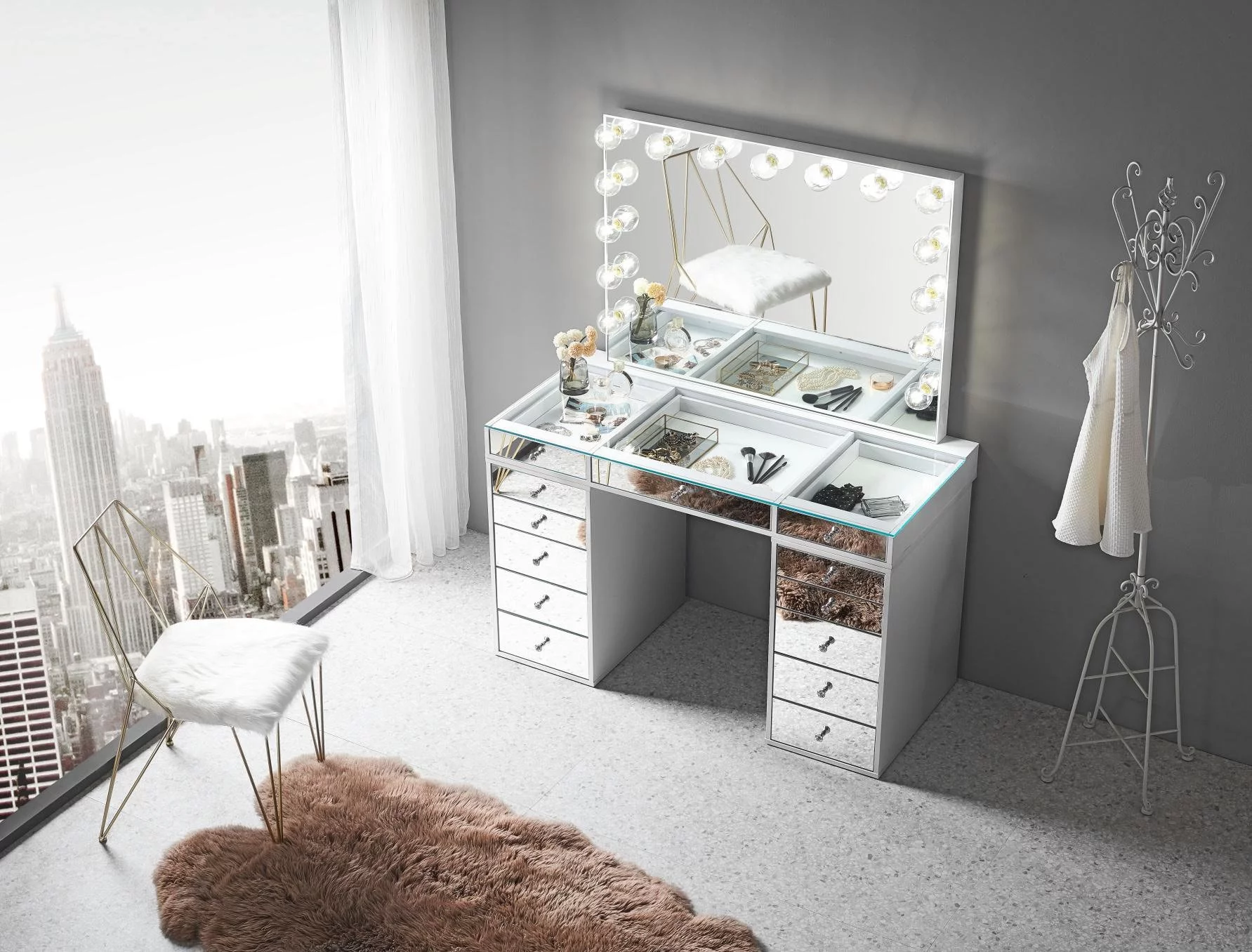 Impressions Vanity SlayStation 2.0 Mirrored Tabletop + 5 Drawer Units Bundle for Vanity Mirror & Make Up Storage