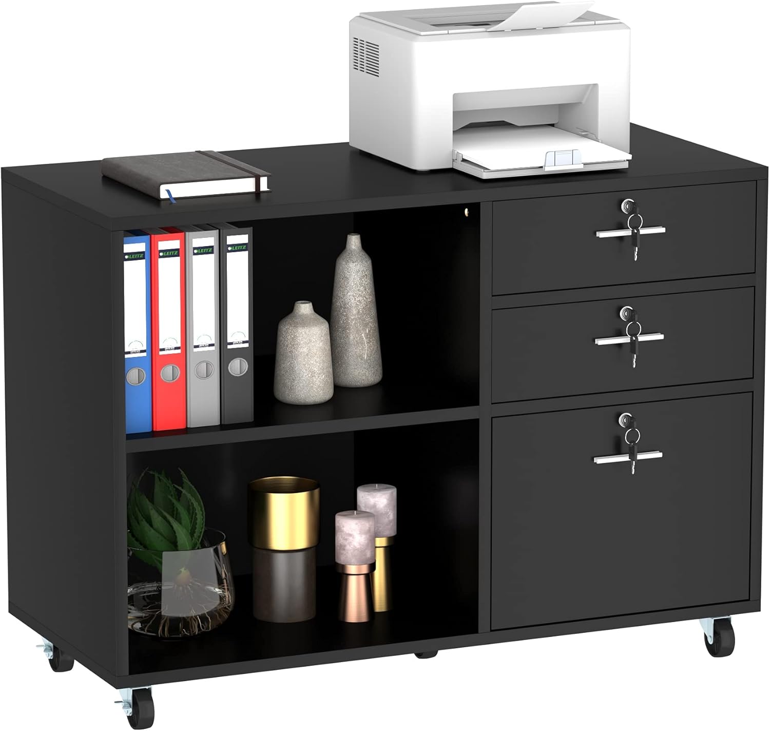 YITAHOME Wood File Cabinet, 3 Drawer Mobile Lateral Filing Cabinet, Storage Cabinet Printer Stand with 2 Open Shelves for Home Office Organization