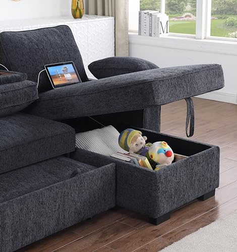 L-Shaped Pull Out Sleep Sofabed,Modern Reversible Sleeper Sectional Sofa Chenille Upholstered Button Tufted Decor with Storage Chaise