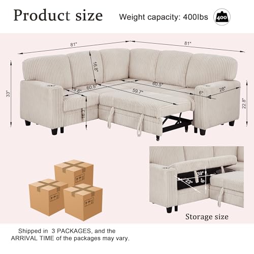 L-Shaped Pull Out Sleep Sofabed,Modern Reversible Sleeper Sectional Sofa Chenille Upholstered Button Tufted Decor with Storage Chaise