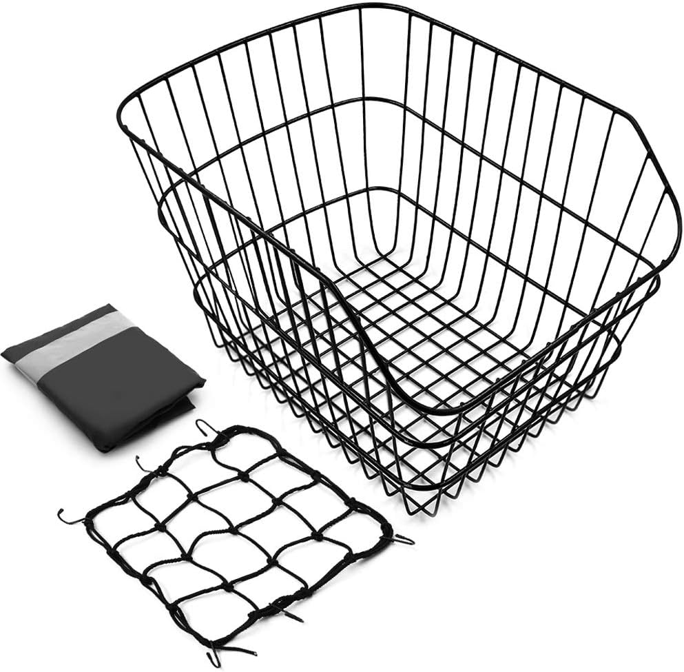 Hoobbii Rear Bike Basket, Waterproof Metal Wire Bicycle Basket with Adjustable Cargo Net and Waterproof Rainproof Cover Fits to Most Rear Bike Racks