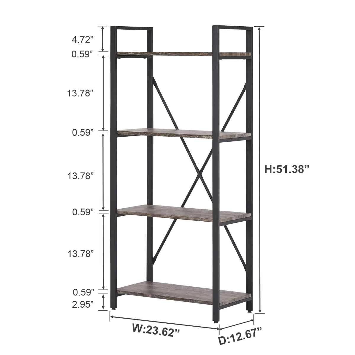 Bon Augure 4-Shelf Open Narrow Bookshelf, Vintage Industrial Bookcase, Rustic Wood and Metal Shelf, Dark Oak
