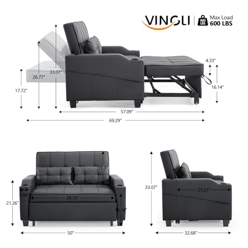 VINGLI Light Green Futon Sofa Bed Convertible Loveseat Sleeper Couch, Faux Leather Pullout Sofa Fold Out Couch Bed with USB Ports, Cup Holders
