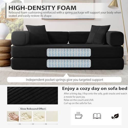 4-in-1 Folding Convertible Sofa Bed, 78 Inch Boneless Couch with Fixed-Shape Frame, Corduroy Loveseat Sleeper with Pull Out Bed