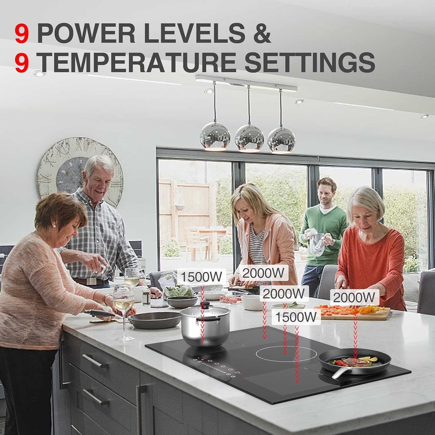 Induction Cooktop 30 inch,Electric Cooktop 5 Burners 9000W 220v,Electric Stove Top Countertop and Built-in with 2 Bridge Zones,9 Heating Levels
