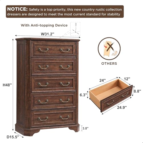 T4TREAM Farmhouse 5 Drawers Dresser for Bedroom, 48" Tall Wood Rustic Chest of Drawers with Natural Texture, Vintage Design