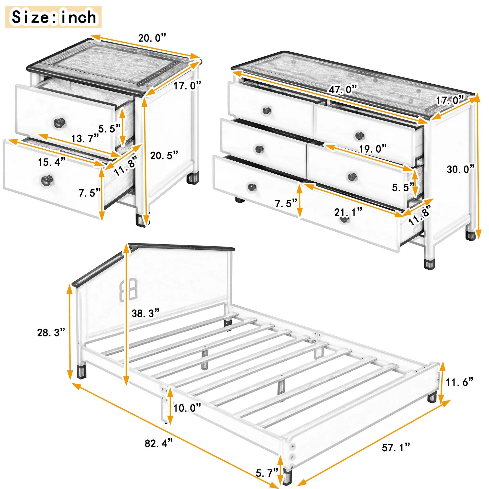 3-Pieces Bedroom Sets Full Size Platform Bed with Nightstand and Storage dresser,White+Pink