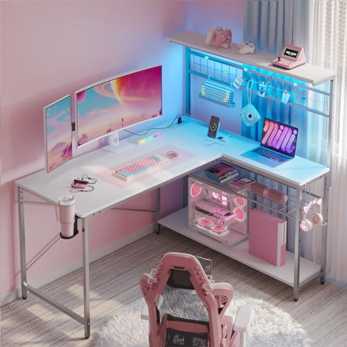 Bestier 42 L Gaming Desk,Computer Desk with Power Outlets, LED Lights, Reversible Corner Desk with 4-Tier Shelves,Cup Holder & Hook Carbon Fiber Black