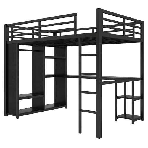 Queen Heavy Duty Metal Loft Bed with L-Shaped Desk, Wardrobe & 5 Storage Shelves – Space-Saving Design for Kids, Teens, Adults – CPC Certified