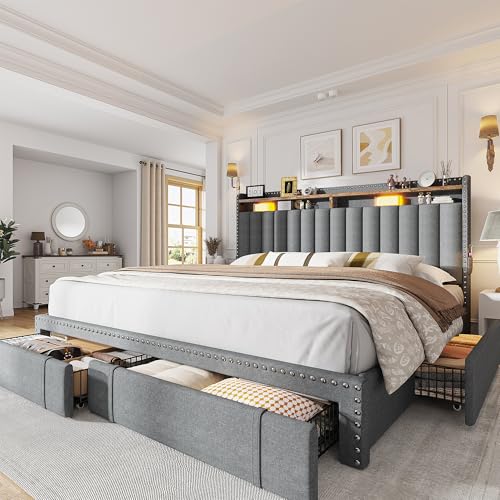EnHomee Queen Bed Frame with 3 Storage Drawers, Upholstered Bed Frame Queen Size with 2-Tier Storage Headboard, Wooden Slats, No Box Spring Needed
