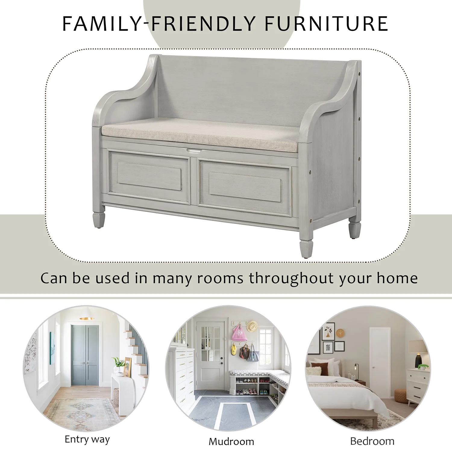 Churanty Rustic Solid Wood Entryway Storage Bench with Removable Cushion Shoe Bench for Living Room,Gray Wash