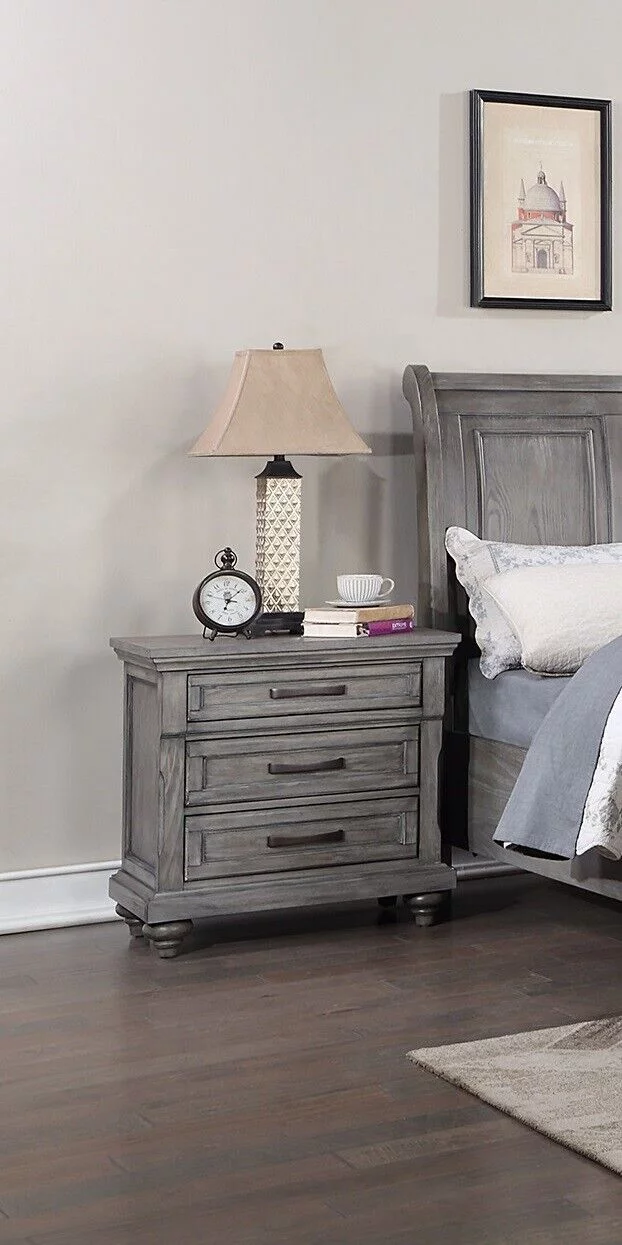 Grey Finish Wooden Queen Size Bed 2x Nightstands 3pc Set Bedroom Furniture Sleigh 3-Panel Design Headboard Storage Footboard
