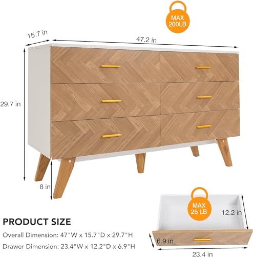 6 Drawer Dresser for Bedroom, Rustic Brown Wooden Double Dresser, Wide Dressers & Chests of Drawers, Large Storage Organizer Cabinet for Hallway