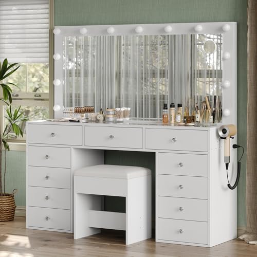 Vanity Desk & Power Outl, Makeup Vanity with Mirror and 12 LED Lights, Makeup Table with 11 Drawers, Vanity Table with Chair