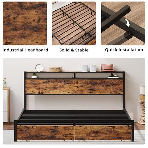 LIKIMIO King Bed Frame with Storage Headboard, Platform Bed with Drawers and Charging Station, No Box Spring Needed, Easy Assembly, Vintage Brown