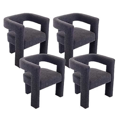 Modern Boucle Dining Chair Set of 4, Sherpa Barrel Accent Chairs Upholstered Armchair Comfy Side Chair for Kitchen Living Room Reception (Green