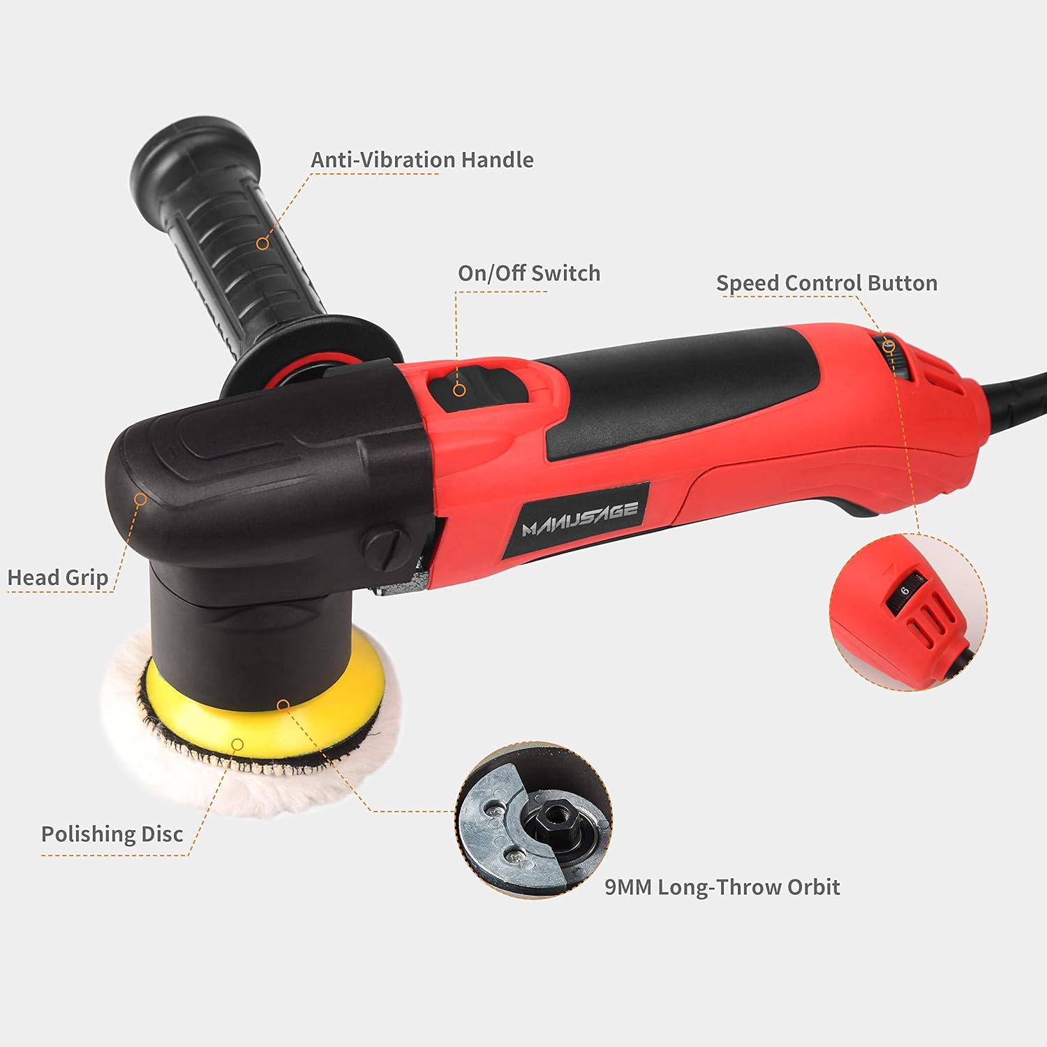 MANUSAGE 6-Inch Dual Action Car Polisher,7Amp Random Orbital Polisher,Variable Speed Buffer Polisher with Two Detachable Handles