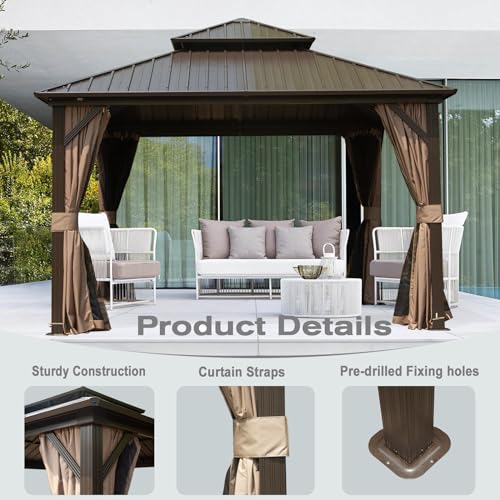 Domi 10' x 10' Hardtop Gazebo Outdoor Metal Gazebo with Galvanized Steel Double Roof Canopy, Curtains and Netting for Patio, Backyard, Deck