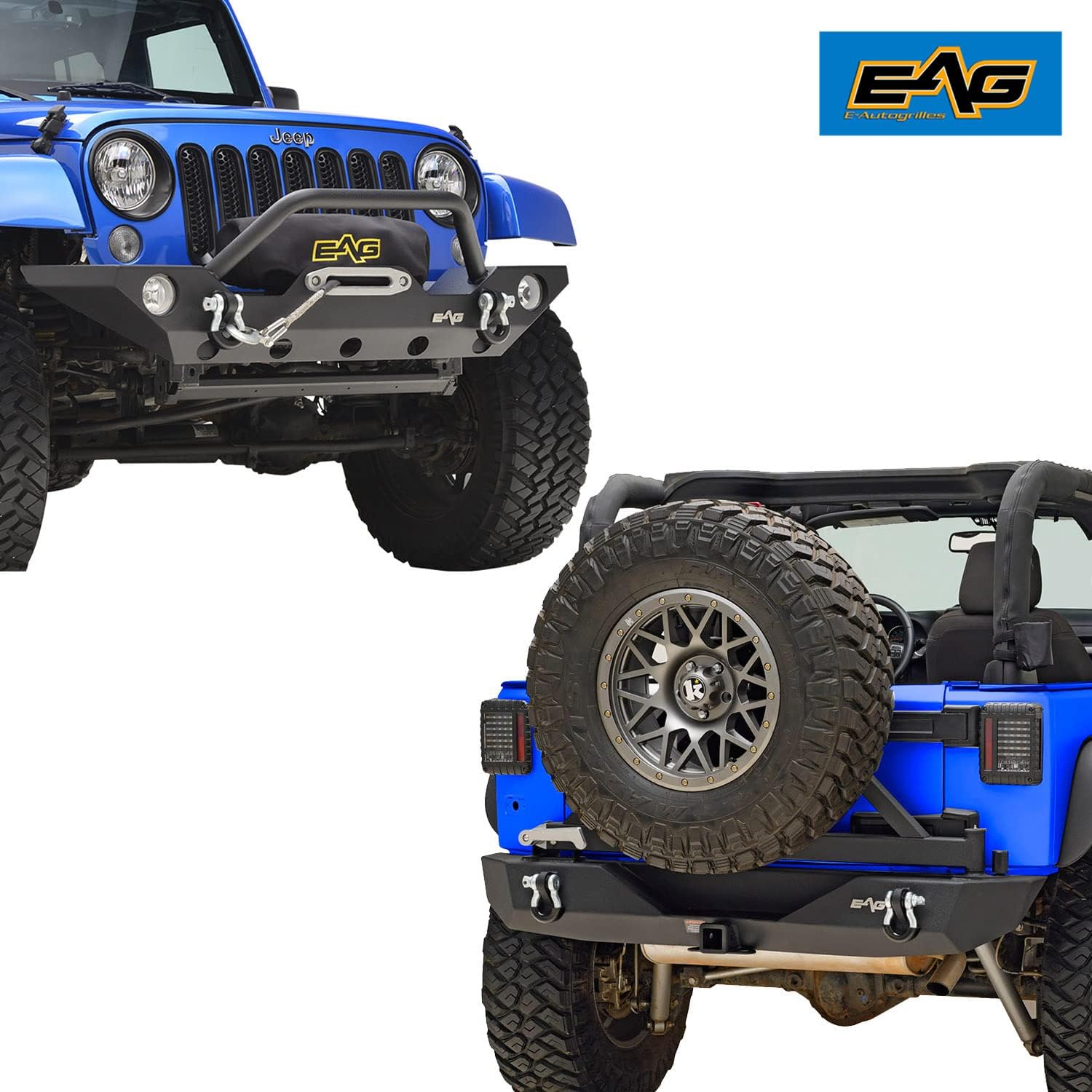 EAG JK Bumper Combo Front and Rear Bumper with Tire Carrier Fit for 2007-2018 Wrangler JK
