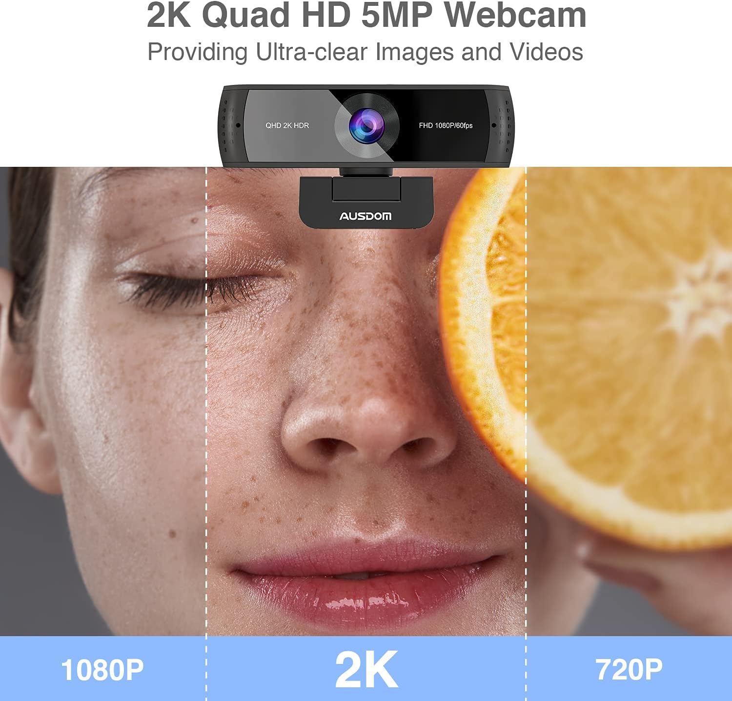 AUSDOM 2K QHD AutoFocus Webcam without Disortion, 1080P 60FPS Zoomable Streaming Web Camera, HDR, Dual Noise Cancelling Microphones