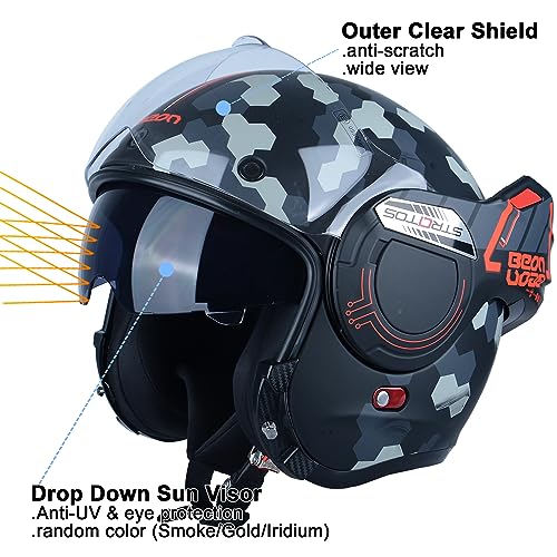 BEON Full Face Motorcycle Helmet DOT Approved, 180° Reversible Chin Guard Modular Pilot Helmet with Anti-Fog Dual Visors for Adult Men Women (S-XXL)