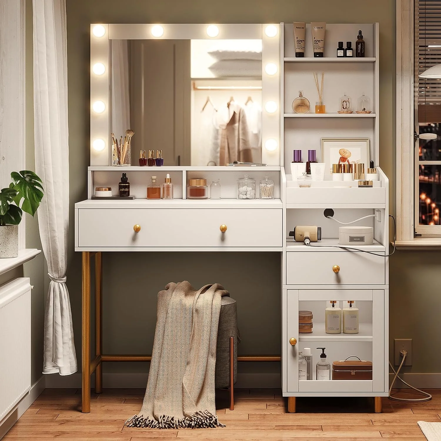 White Vanity Desk with Mirror and Lights and Drawers Modern Makeup Vanity Table with Charging Station&Cabinet for Bedroom