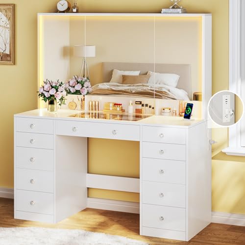 Vanity Desk with Mirror and Lights, 50" Makeup Vanity with Glass Top & Power Outlet, White Vanity with 11 Drawers & 8 Hidden Storage Shelves