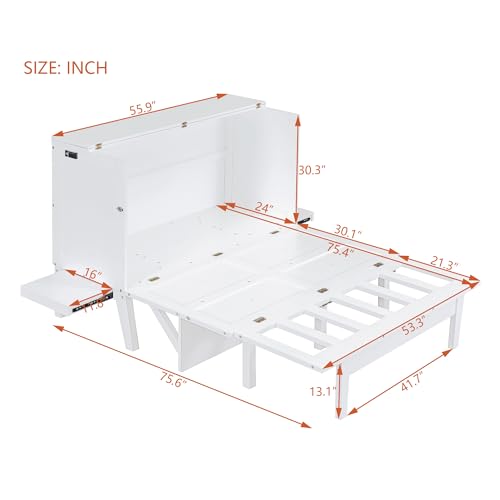 Full Size Murphy Bed with Desk,USB Port,and removable Shelves on Each Side, Full Platform Bed Wood Frame, for Guest Room Home Office (White)