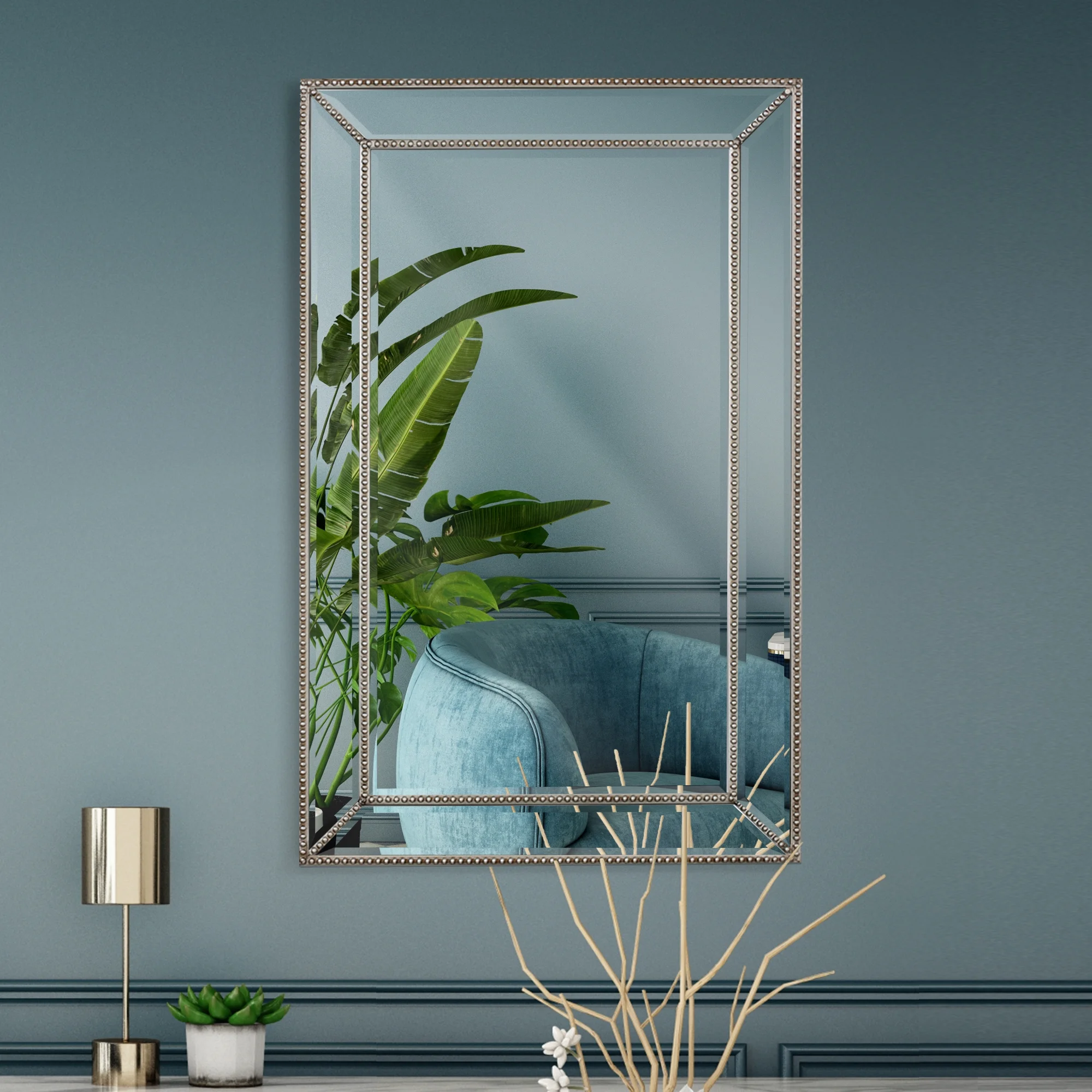 Head West Champagne Silver Metro Beaded Glass Framed Vanity Mirror - Rectangle Mirror for Bathroom & Living Room