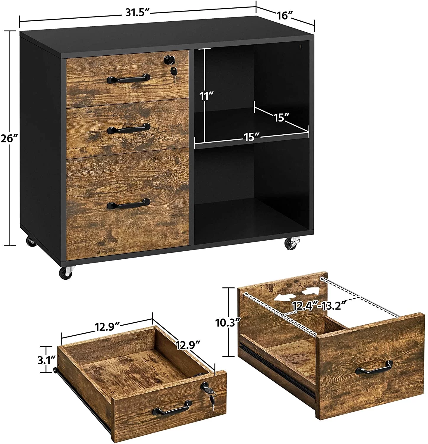 Black File Cabinet with Lock for Letter, A4 Size,3 Drawer Lateral Filing Cabinet Printer Stand with Open Storage Compartments