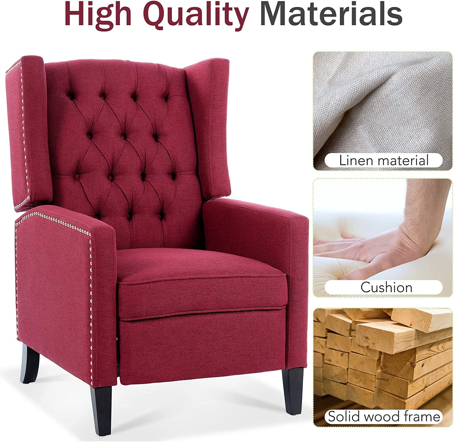 Wingback Recliner Tufted Fabric Recliner Traditional Classic Recliner Reading Armchair Push Back Arm Recliner Lounge Chair Study Living Room Bedroom