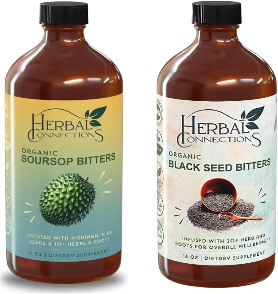 Organic Soursop & Black Seed Bitters Bundle - Natural Plant-Based Ingredients for General Wellness - Two Bottles, 16 Ounces Each