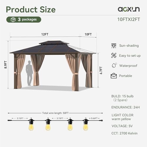 Aoxun 12'x10' Hardtop Gazebo, Aluminum Frame Permanent Pavilion with Curtains and Netting, Outdoor Polycarbonate Double Roof Canopy