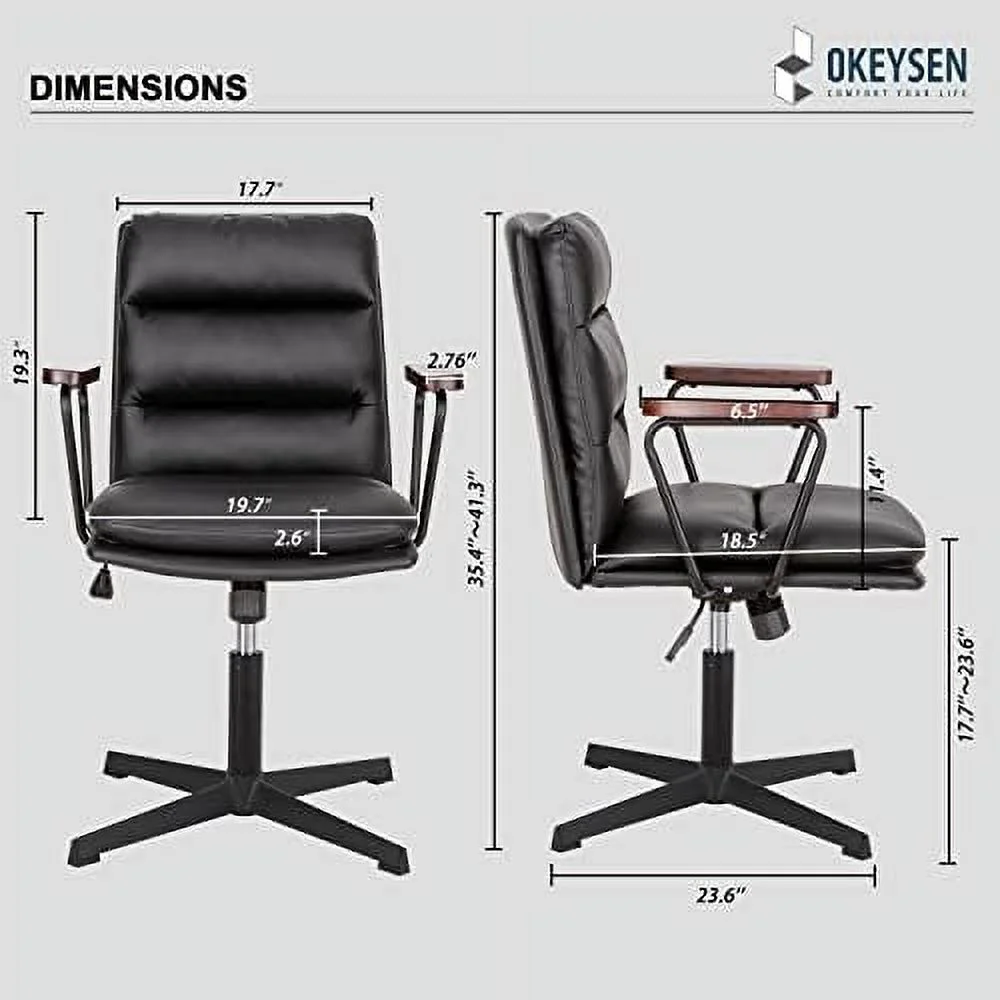 KHBIULIFE Office Desk Chair No Wheels  PU Leather Padded Criss Cross Chair with Wooden Armrests  Ergonomic Mid Back Adjustable Computer Chair  Cute