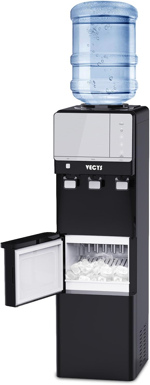 3 in 1 Water Dispenser with Ice Maker, 27LBS Daily Ice Making and Hot Cold Water Supply, Child Safety Lock and Compatible with 3 or 5 Gallon Bottles