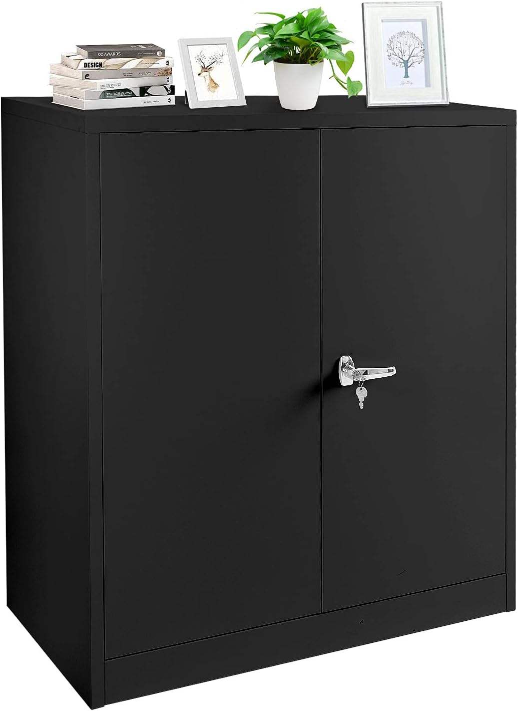 Metal Storage Cabinet with Locking Doors, Lockable Steel Storage Cabinet with 2 Doors and Shelves, Black Metal Cabinet with Lock