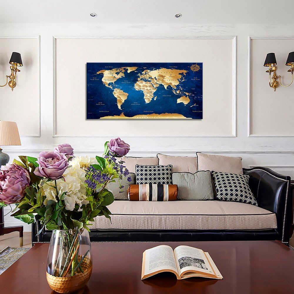 Wall Art blue map of the world Painting Ready to Hang -20 x 40 Pieces Large Framed wall art world Map Canvas Art Map wall decorations Artwork Prints