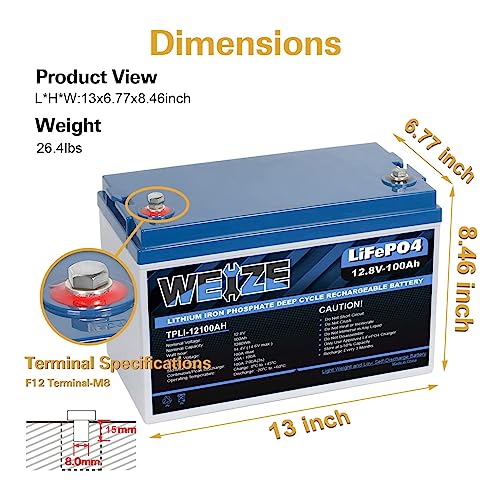WEIZE 12V 100Ah LiFePO4 Lithium Battery, Upgrade Mini Size & Lightweight, 100A Smart BMS, Deep Cycle Low Temperature Protection Battery for RV, Solar