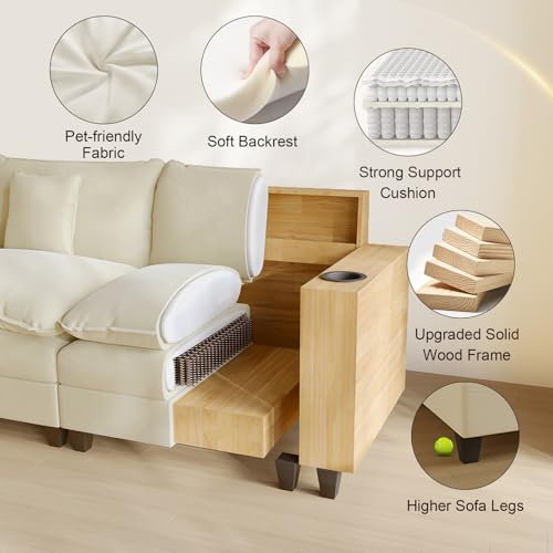 Modular Sectional Sofa, Cloud Couch with Ottoman, Charging Station, Throw Pillows, Cup Holders, Modern Convertible U Shaped Couches for Living Room