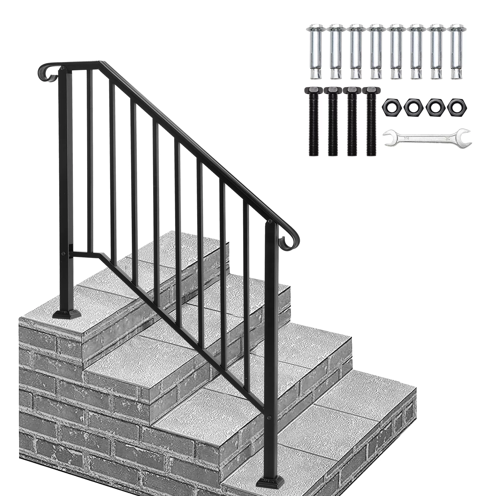 4 Step Handrails for Outdoor Steps, Fit 3 or 4 Steps Outdoor Stair Railing for Concrete Steps, White Wrought Iron Railing