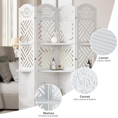 Room Divider with Shelves, 5.75ft Tall Folding Wood Carved Screen with Double Hinges for Home Office Bedroom Hotel Decoration (6 Panels, Natural)
